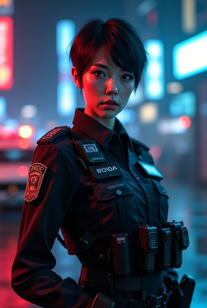 arafed woman in a police uniform posing for a picture, officer, wojtek fus, police officer, police lights shine on her face, photorrealistic concept art, ultra realistic concept art, cyberpunk 2 0 y. o model girl, police, cyberpunk art ultrarealistic 8k, wearing a police uniform, cyberpunk photo, beautiful digital artwork