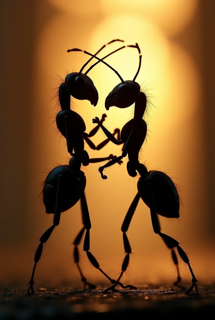 Create an image showing two ants dancing tango. The image must be taken against the light, so that the shadows and profiles of the ants stand out very clearly. Ants must be in a dynamic position, Capturing the movement and grace of tango, with its antennae and legs in elegant positions. Make sure the image has a high level of detail, especially in the texture of the ants and the projected shadows. The backlight should be diffuse and soft., creating a dramatic effect that accentuates the silhouette and shape of the moving ants. The overall atmosphere should be evocative and artistic., with a focus on contrast accuracy, In the image include the 6 legs of the ants and their two antennas
