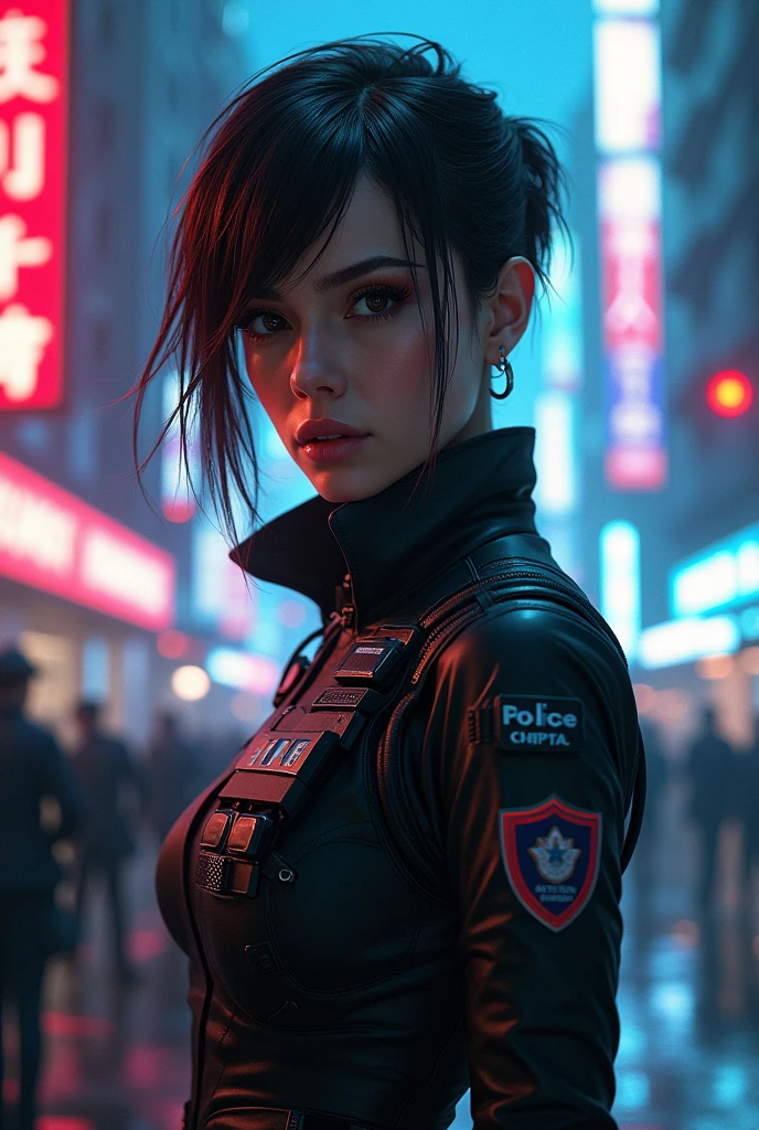 arafed woman in a police uniform posing for a picture, cyberpunk art by Adrian Zingg, trending on cgsociety, digital art, officer, wojtek fus, police officer, police lights shine on her face, photorrealistic concept art, ultra realistic concept art, cyberpunk 2 0 y. o model girl, police, cyberpunk art ultrarealistic 8k