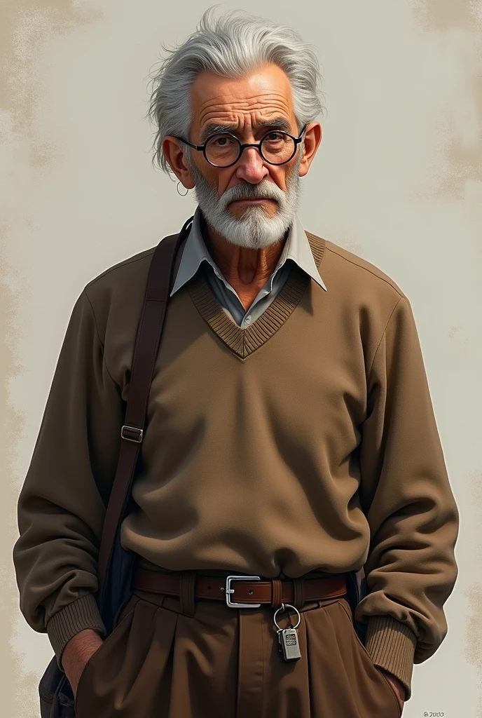 Bernabeu is a man with grayish white hair only on the side of his head. He wears brown clothes with a brown sweater. He also has brown pants around his waist and a key ring on his waist. He wears round glasses. .