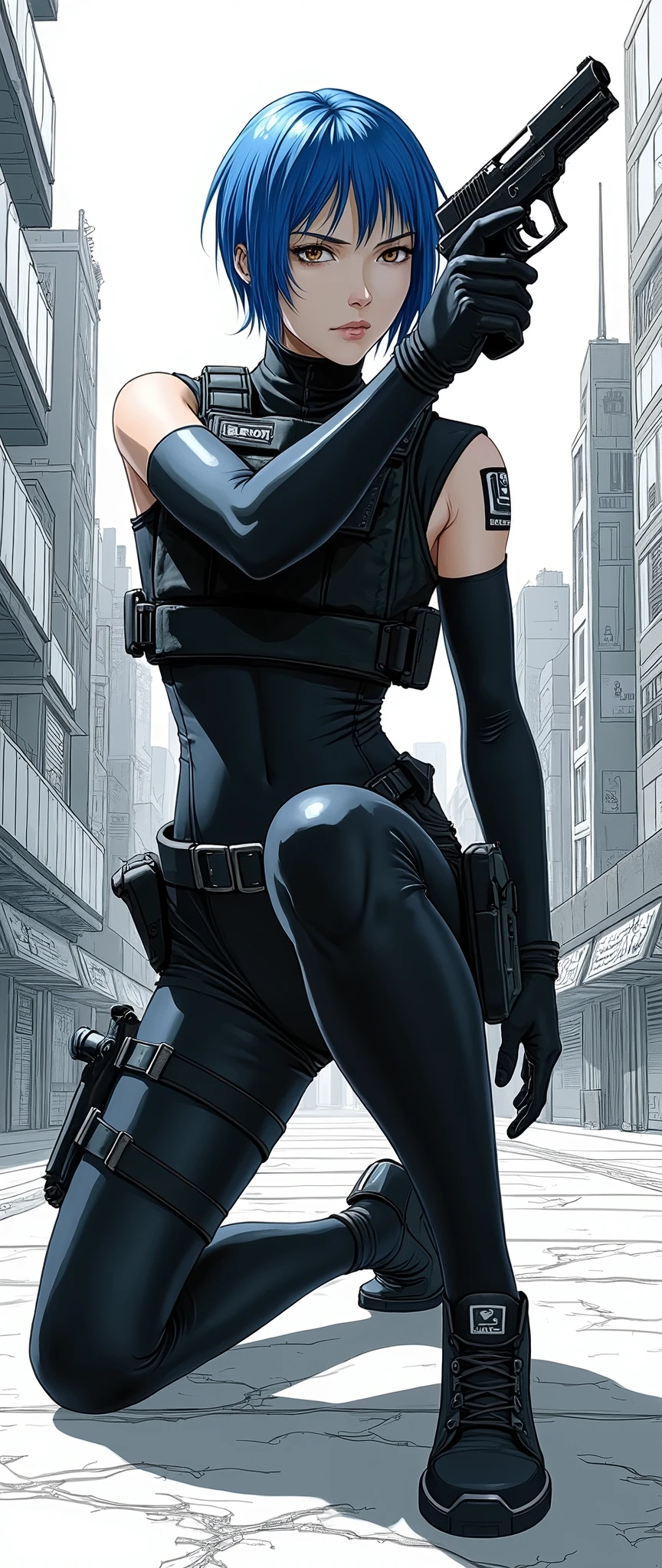 (masterpiece), best quality, expressive eymasterpiece, high-detail, sketch, dino crisis, [solo female], (aim pose, fight with raptor, holding mp5, holding weapons), black bodysuit, gray fabric layer under bodysuit, 30 year, bare shoulders, tactical fingerless glove, best quality, masterpiece, best quality, finely detail, beautiful detailed eyes, ultra detailed, extremely beautiful CG, super detailed skin, best quality, intricate, {{high quality}}, extra colors, 2D, megapixel, perfectionism, accent lighting, full HD, 4K, sukeban, sukeban deka, delinquent,) (1girl, full body, 1girl, solo female, mature female, full body, contrapposto, big boss metal gear, the boss metal gear, Escape from New York, akira, blade runner, die hard, metal gear solid v, snake plissken, rex power colt, Far Cry 3 Blood Dragon,) ( collarbone, red hair, red eyes, short hair, weird red hair, short red hair, evil smile, small_breasts, best quality, beautifully detailed face, ray tracing, DOF,HDR, smoking) (fingerless_gloves,  fully clothed, gloves, cigarette, jacket, eyepatch on one eyes, eyepatch on the left eyes, tactical gear, tactical uniform, camouflage bodysuit, sneaking_suit) gainax anime style, studio gainax art, studio gainax illustration,inspired by Masamune Shirow, studio gainax, by Masamune Shirow, beautiful charcter from evangelion (outdoors, (night:1.1), military base background, radio tower background, science fiction background, futuristque background , outdoor, akira city sky line background, official art, raining, rain, storm, science fiction military base background), perfect face, 