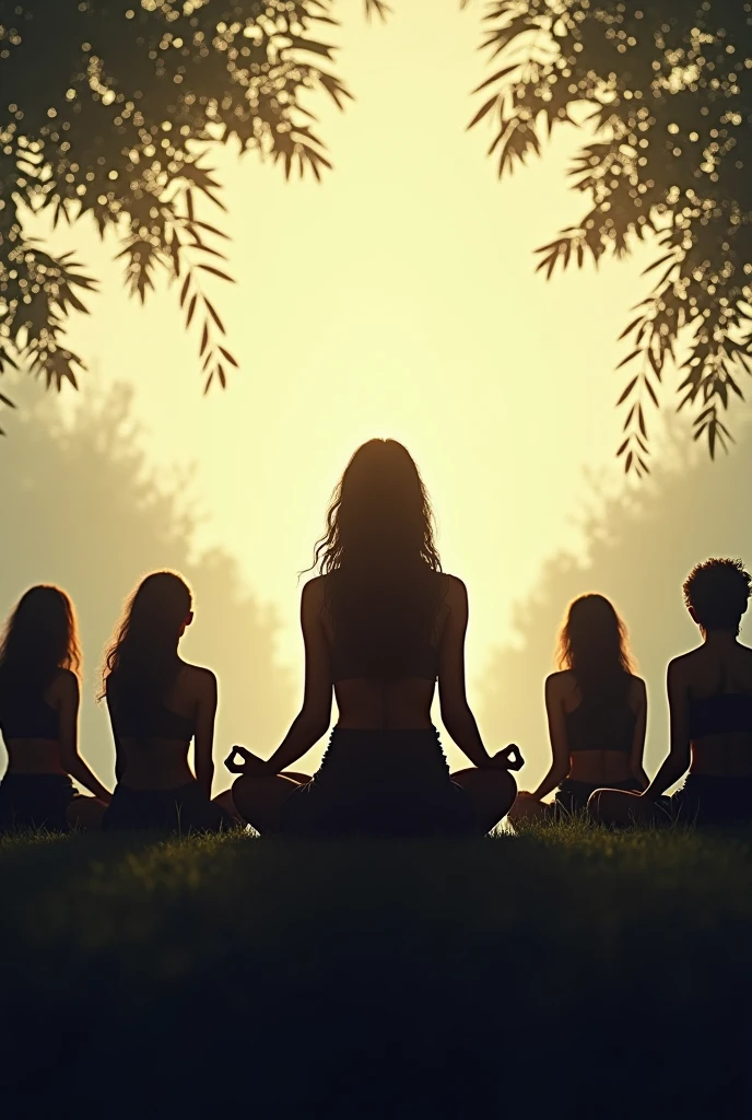 Silhouette of a 67 year old hippie bohemian woman giving meditation classes to her friends


