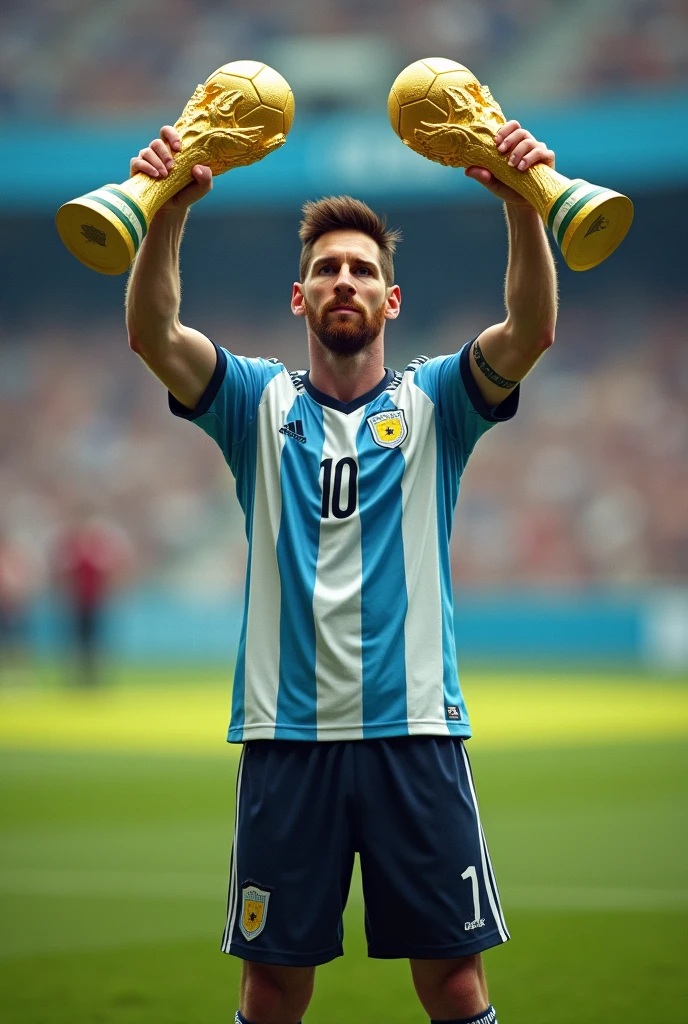 Messi carrying 2 world cups