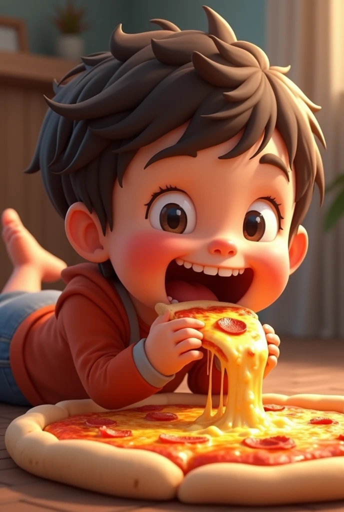 Create a banner where a child is enjoying eating pizza and you can see the cheese on the pizza and the child is on his side putting the pizza in his mouth
