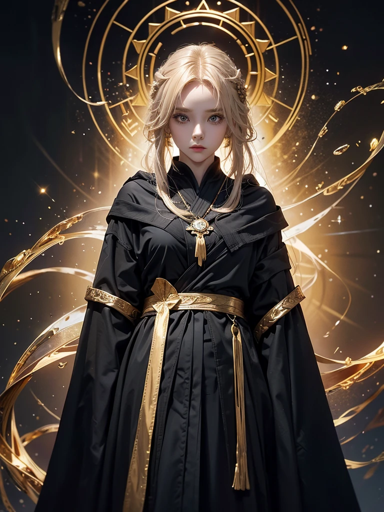 Runic Background、Wearing a black robe、Mage's Clothing、golden hair color、look at the viewer、masterpiece、cute woman、Wearing elegant school clothes