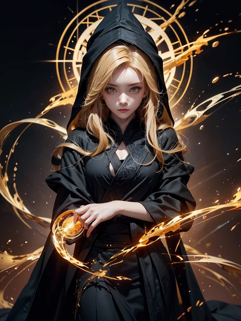 Runic Background、Wearing a black robe、Mage's Clothing、golden hair color、look at the viewer、masterpiece、cute woman、Wearing elegant school clothes