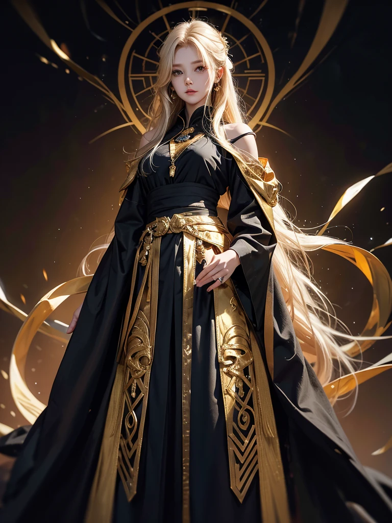 Runic Background、Wearing a black robe、Mage's Clothing、golden hair color、look at the viewer、masterpiece、cute woman、Wearing elegant school clothes