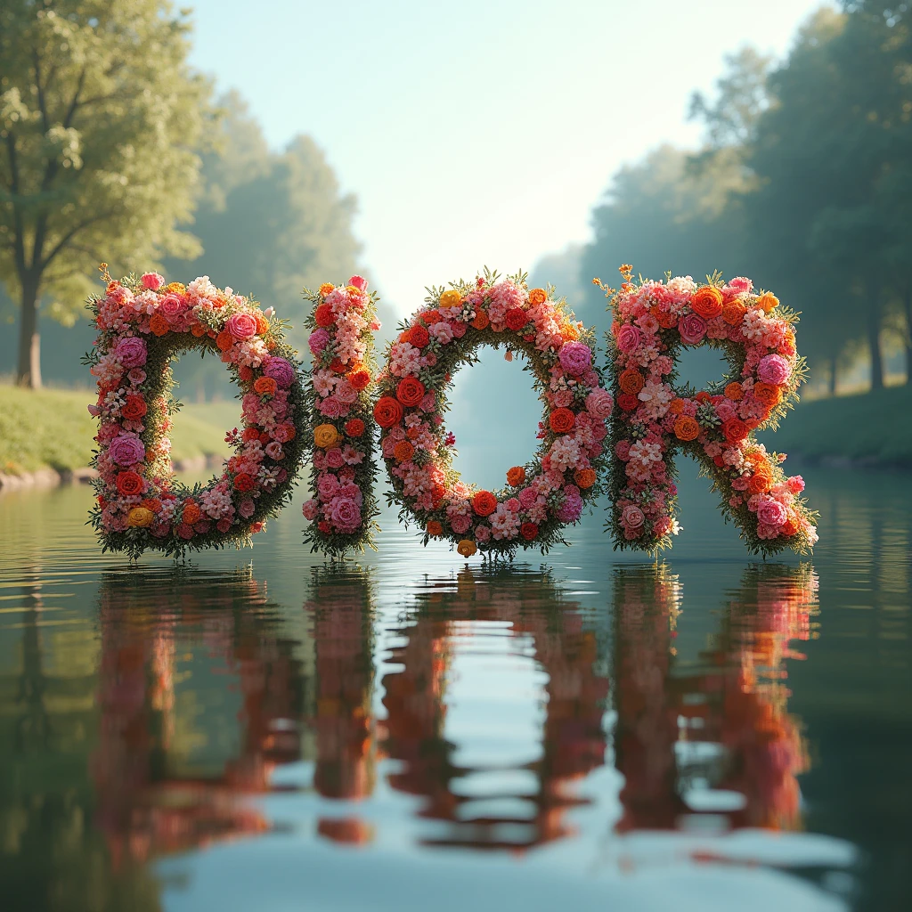 Those 6 big letters DIORIS made of flowers floating face up lying in a river