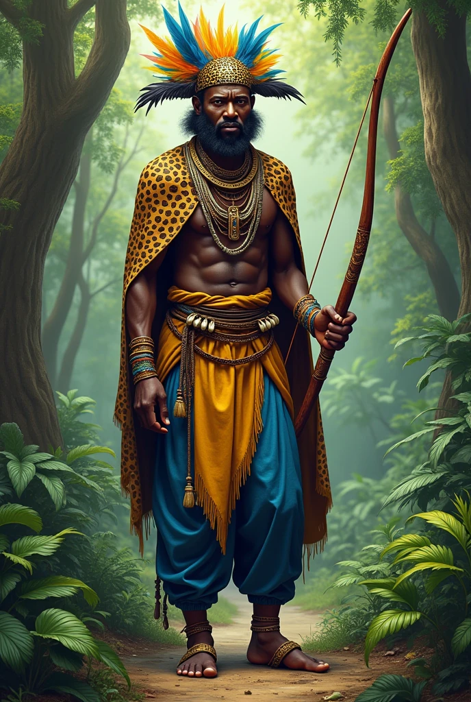 Oshosi Strong hunter dressed in blue and yellow ankle-length pants with African necklaces and with a bow and arrow with a hat made of bird feathers and a leopard cape and snail bracelets in a jungle