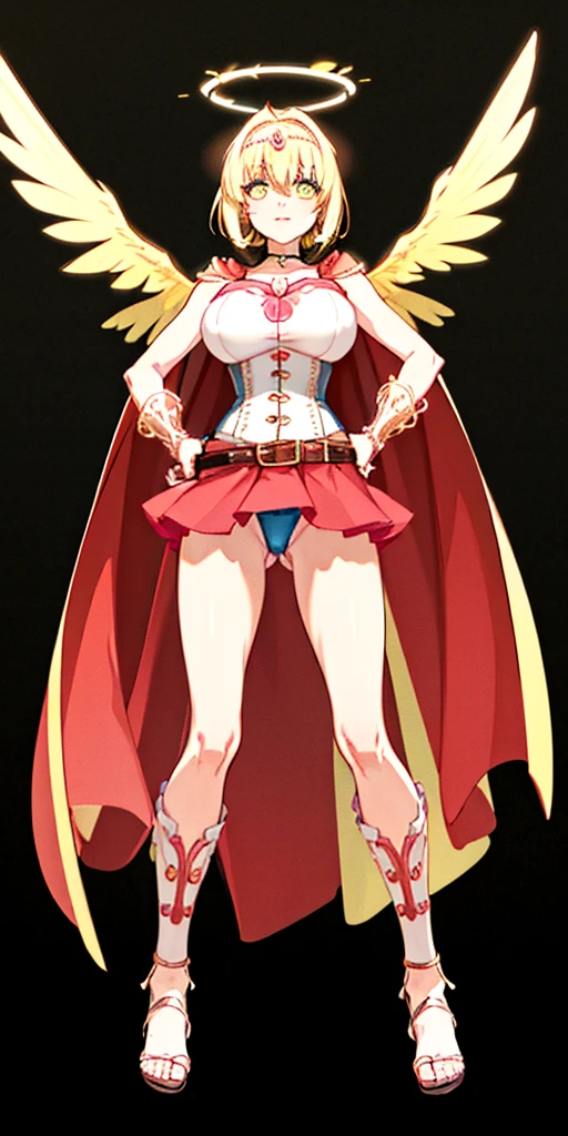 (Black background) paladin lady in ornate golden armor, black collar, pauldrons, breastplate, leather corset, glowing halo, short bob hair style, yellow glowing eyes, bright pupils, eye focus, red cape (full body, whole body, 1solo girl) slave fighter, loincloth standing, hands on hips, metal sandals, leather choker, big belt, view from below, feet together, bracers, tiara) feathers angel wings