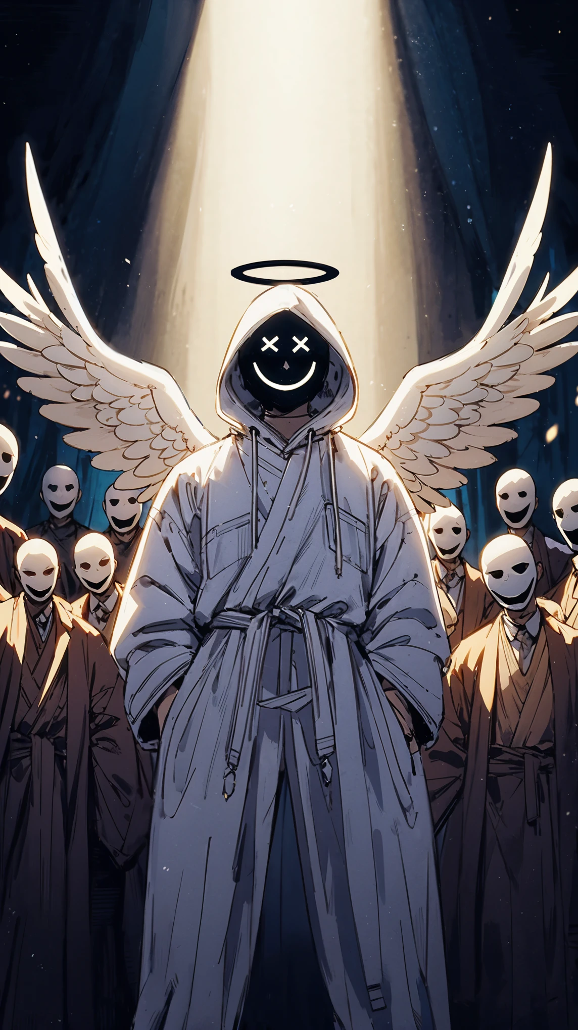 A surreal figure dressed in a white robe with an exaggeratedly happy mask and a glowing halo, standing in front of a group of similar masked figures, angelic wings spread wide. The scene takes place in a dark, eerie setting, the lighting is dramatic, casting deep shadows, while the background has a slightly blurred, dreamlike quality, (high quality), (masterpiece), (detailed), 8K, Anime style character with (cool and edgy tattoos1.3), dressed in (fashionable clothing1.2), posing confidently. Expression fierce, stylish accessory coiled around arm. Thicker outlines emphasize striking, modern fashion, vibrant palette enhances scene.
