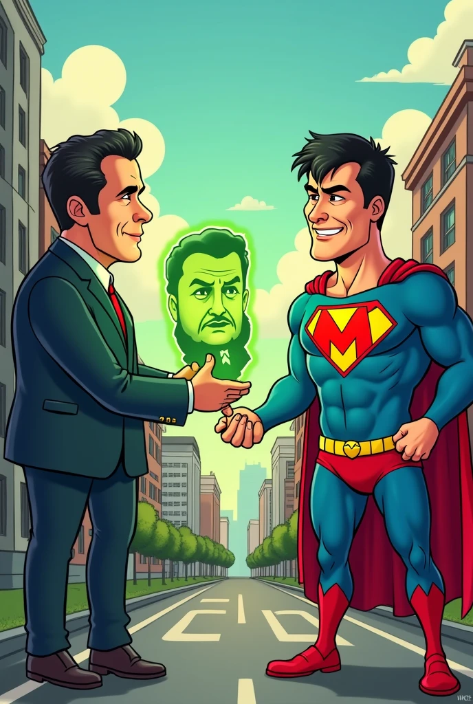 Create a cartoon of Super M with Pablo Marçal's face with M on his chest and Guilherme Boulos showing kryptonite in the shape of Alexandre de Moraes