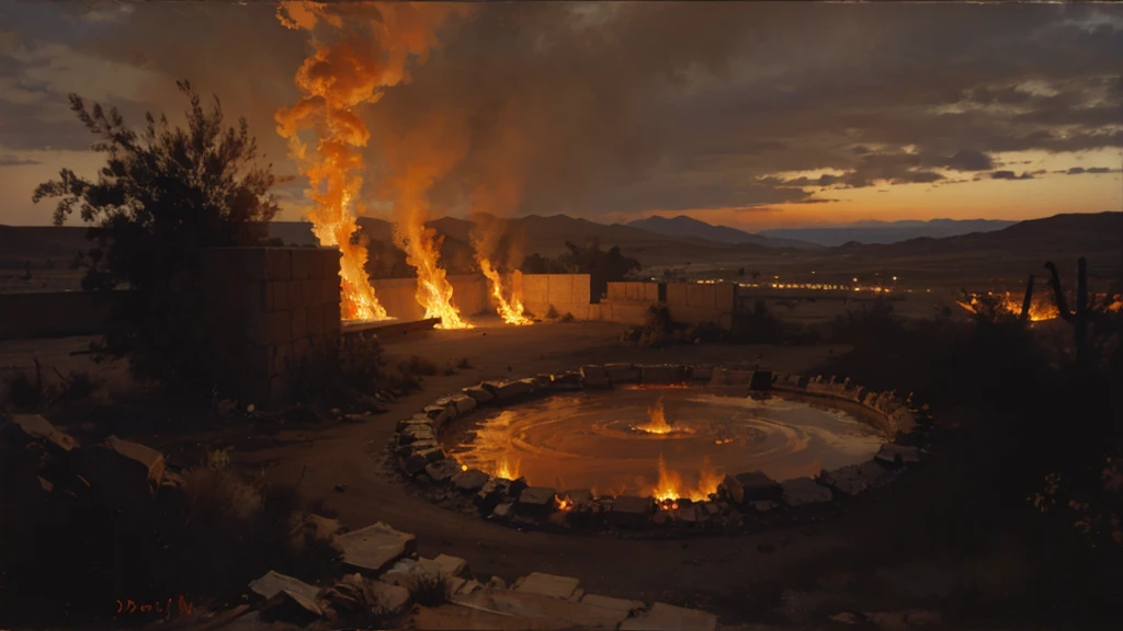 gates of hell broken desert fire smoke demons acid pools fiery rain Satan baphomet