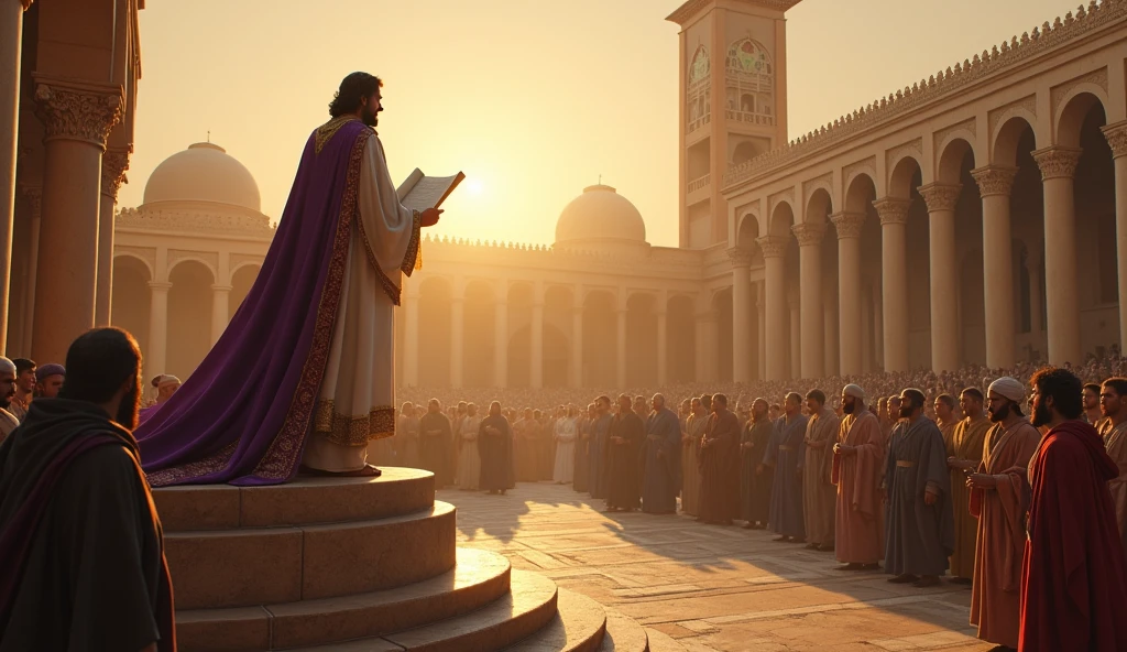 Crie uma imagem hiper-realista e misteriosa de Solomon em um amplo pátio do palácio, where he is standing on a pedestal, speaking to a crowd of attentive people. Solomon, dressed in a long tunic of white linen with gold embroidery and a richly decorated purple cloak, is holding an open scroll, sharing your prosperity secrets. Ao redor dele, the crowd is made up of traders, artisans and ordinary citizens, all dressed in typical biblical clothing, like linen tunics and colorful cloaks. The golden light of the rising sun illuminates the scene, creating an atmosphere of anticipation and inspiration. Ao fundo, a tall structure with a banner that says 'Arimathea' is visible, suggesting continuity of learning. The scene should symbolize the importance of not missing the opportunity to transform your financial life., seguindo os ensinamentos de Solomon.