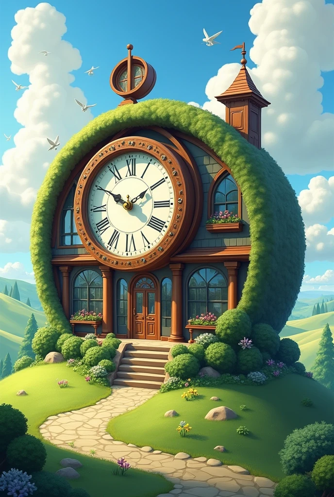 A two-story house but shaped like a clock, long and wide and large, so that the house&#39;s structure is circular like the clock. 