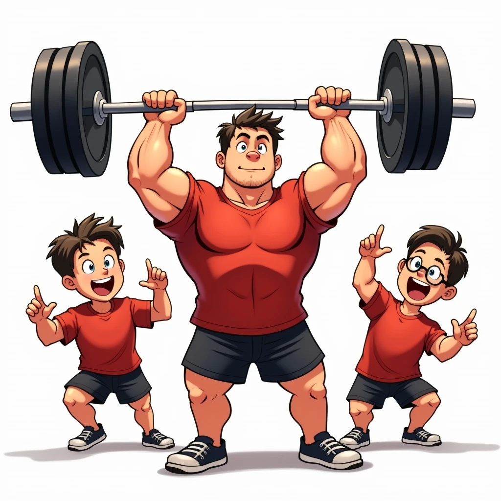 chibi manga art style, best quality, masterpiece, full body image of 25 year old man, wearing red tshirt and black shorts, (lifts barbell), four adult friends cheering beside him, perfect fingers, perfect hands, perfect face, perfection, white background