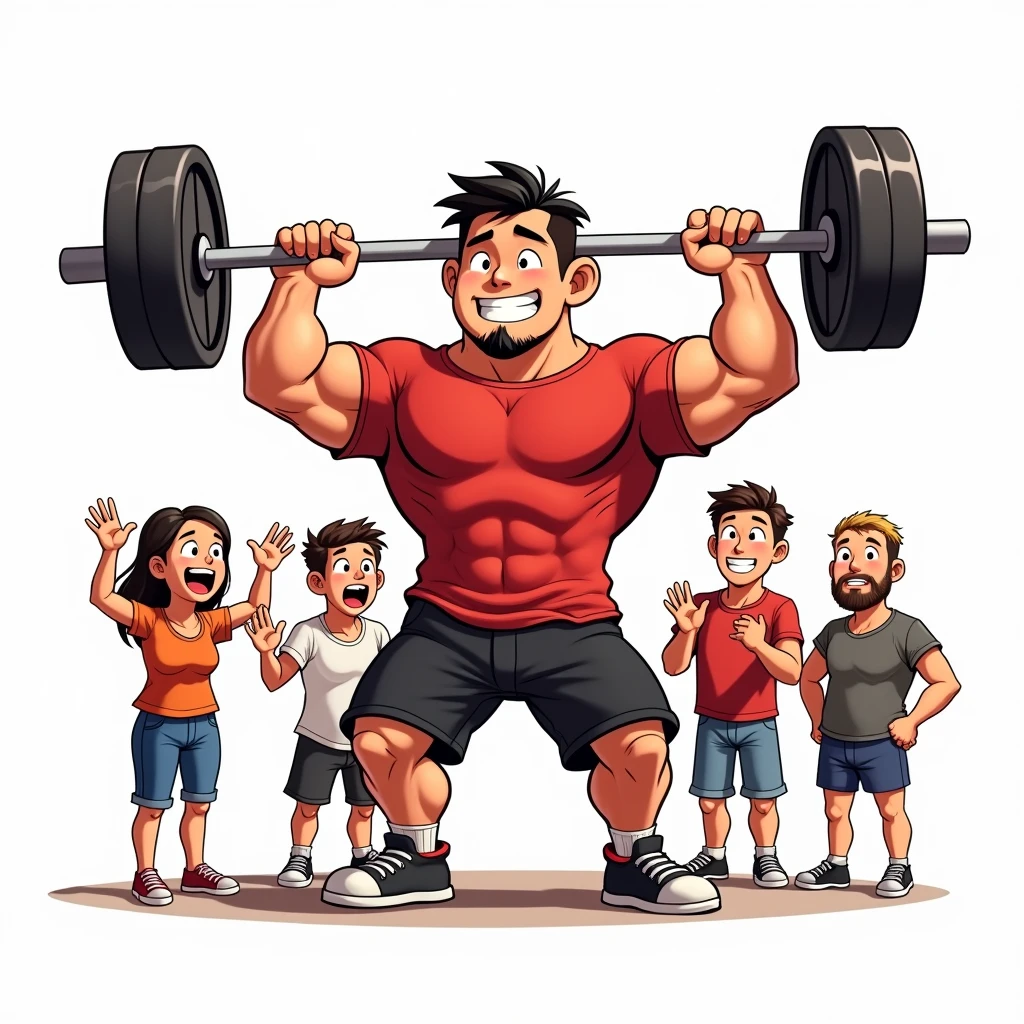 chibi manga art style, best quality, masterpiece, full body image of 25 year old man, wearing red tshirt and black shorts, (lifts barbell), four adult friends cheering beside him, perfect fingers, perfect hands, perfect face, perfection, white background