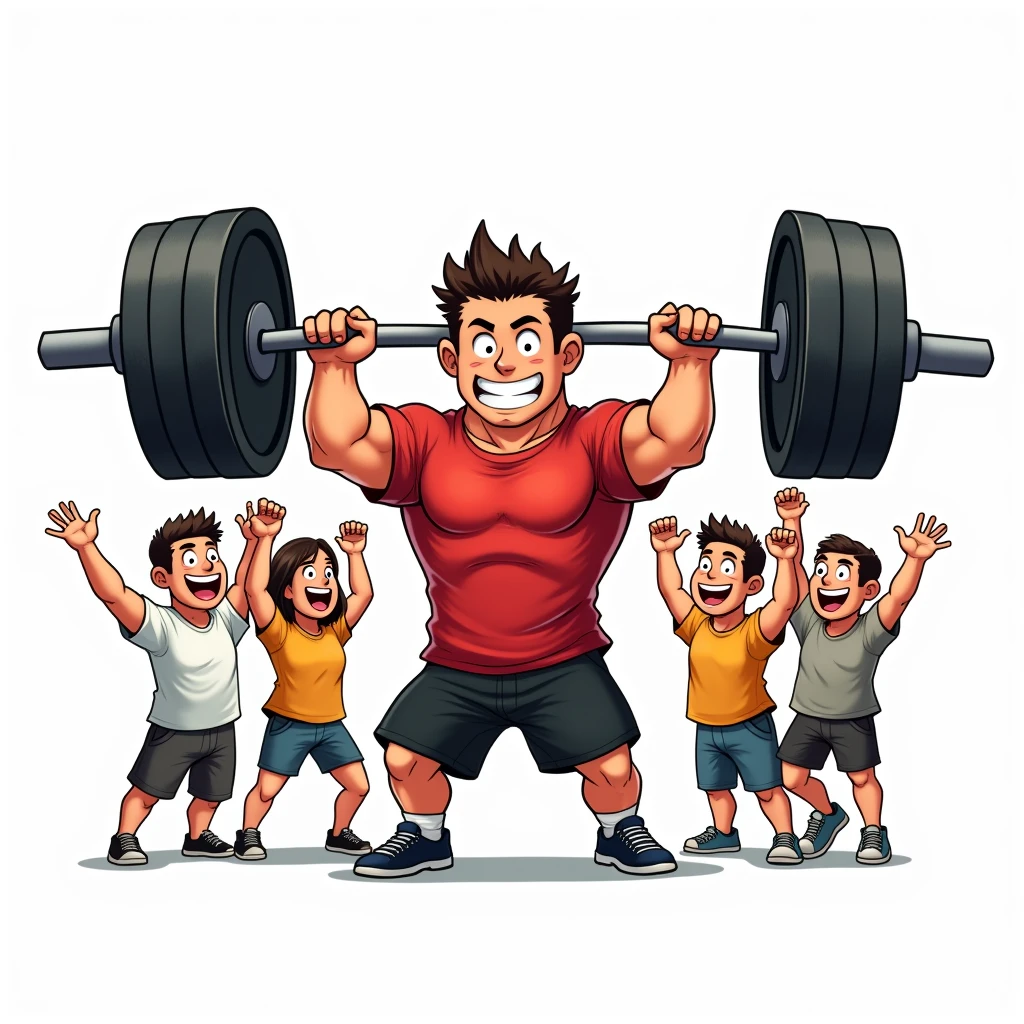 chibi manga art style, best quality, masterpiece, full body image of 25 year old man, wearing red tshirt and black shorts, (lifts barbell), four adult friends cheering beside him, perfect fingers, perfect hands, perfect face, perfection, white background