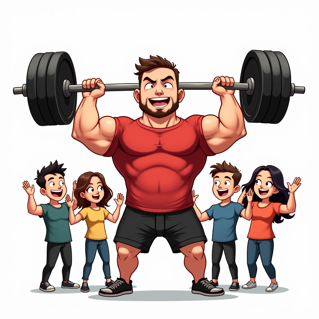 chibi manga art style, best quality, masterpiece, full body image of 25 year old man wearing red tshirt and black shorts, (lifts barbell), four friends cheering beside him, perfect fingers, perfect hands, perfect face, perfection, white background