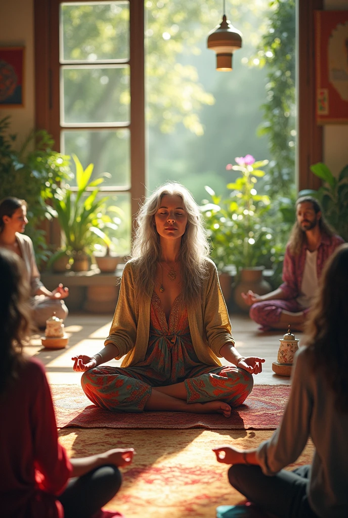 67 year old hippy bohemian woman giving meditation classes to her friends


