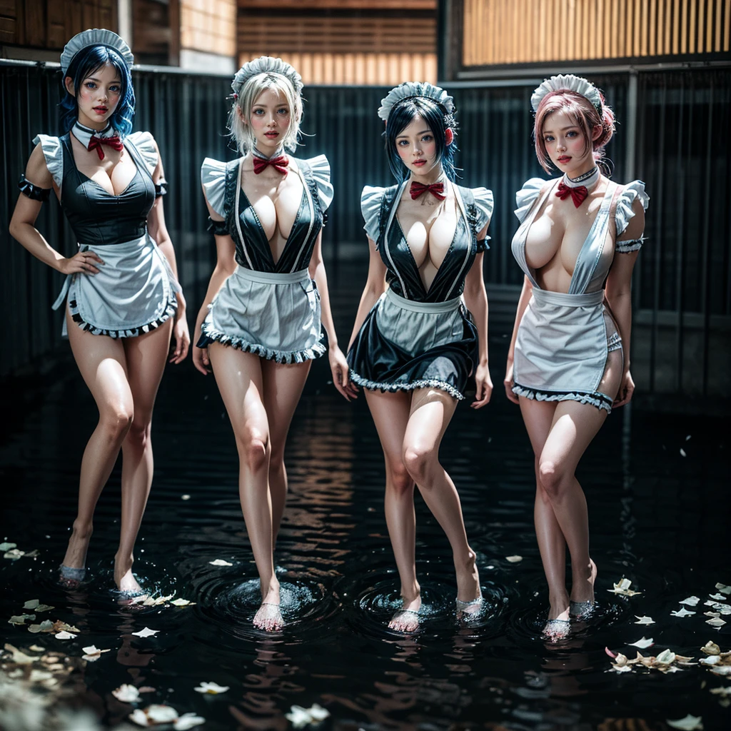 (Full Body of Extremely Detailed((Sexy Maid Group in a row:1.37))), KAWAII perfect face, Reflective Eyes, Detailed(Delicate Clothing textures), Correct Attractive Leg Line, Dynamic Joyful Expressions LifeLike Rendering, Specular Reflection, TopQuality 8K Ultra-detailed masterpiece (ProfessionalPhoto:1.37), (Acutance:0.8), (Luminism:1.28), Sparkling water surface with Reflection and Refraction (((Bathing in the Lake) Petals Dance)Tyndall Effect), Colorful Light particles, ((Full body from side)), {Kissing|Thigh Gap|Cute Peach AssFocus|(NakedApron with Overflowing SideBoob)}, Radiant Fine Skin with Transparency, (Exposed:0.4) {Pure White Hair|Pink Hair|LightBlue Hair|Blonde|Liquid Hair|(Red Tie)}, Perfect Lighting