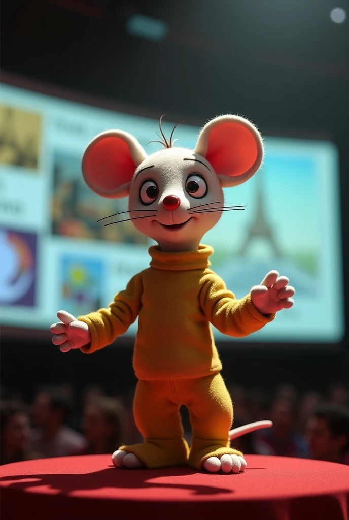 Topo Gigio giving a Ted talk with title "my life before, during and after drugs"