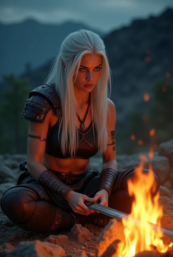 Zara, a powerful female warrior, is sitting by a campfire at night, sharpening her sword with intense focus. Her long straight white hair falls around her face, and her green eyes reflect the flickering flames. She wears minimal, functional armor—a simple black top with copper trim, leaving her midriff and much of her legs exposed, highlighting her muscular build. The shoulder armor is practical and understated, fitting the gritty, sword-and-sandal aesthetic. The campfire casts a warm, glowing light over the scene, with shadows dancing across the rugged, natural landscape around her. Zara’s expression is one of determination as she works, fully intent on her task, embodying the resilience and strength of a seasoned warrior. The environment is dark, with the night sky visible above, creating a sense of solitude and focus.

