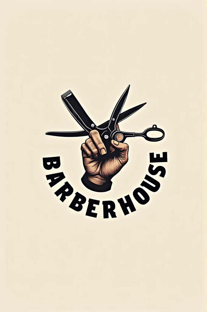 Old school logo with a centered hand holding a hair clipper with an open razor around it with the name BarberHouse in the middle 