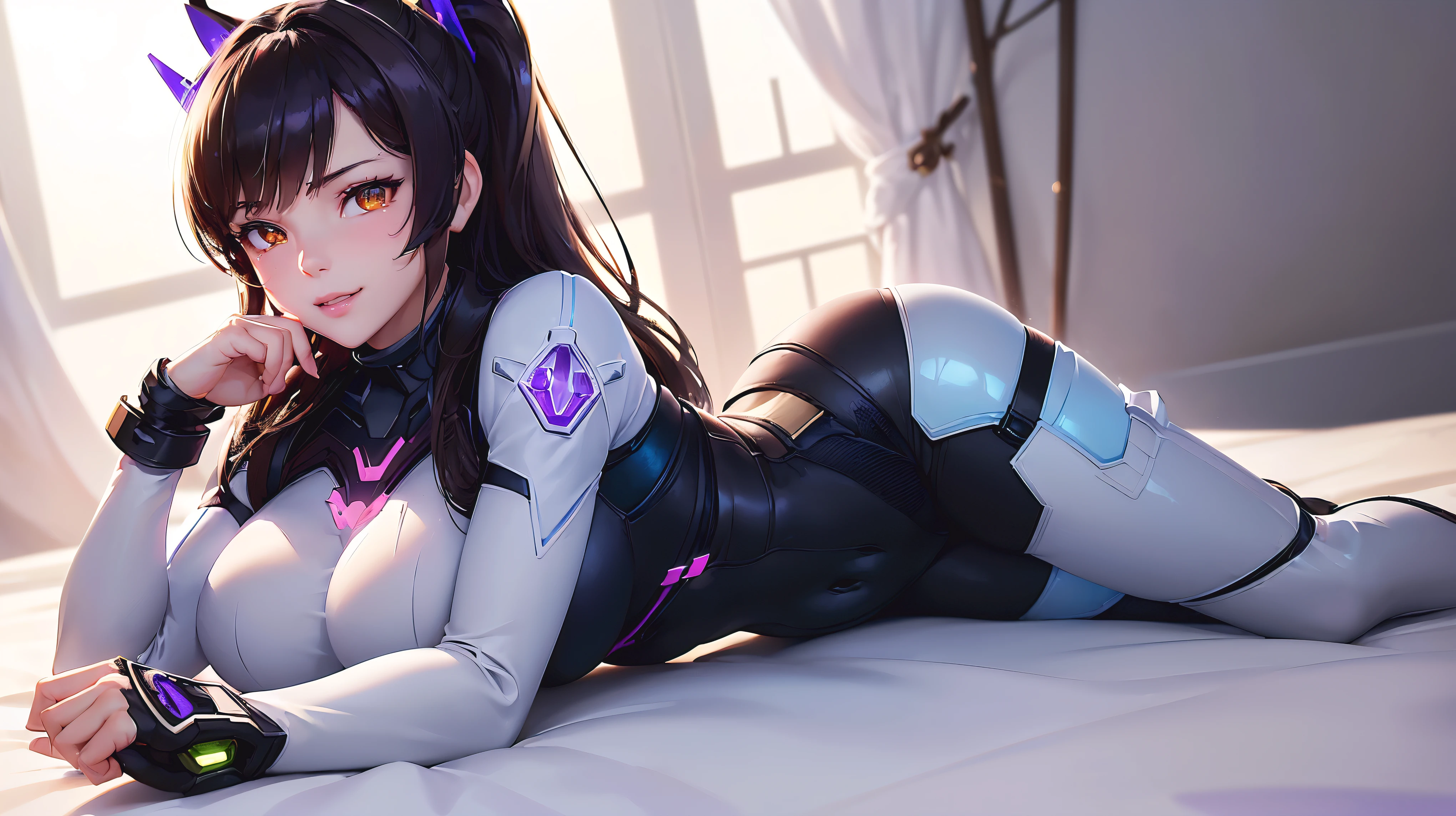 (masterpiece), (best quality), (intricate details), high resolution, visually stunning, sidelighting, (((amber eye colour which glow)), deep shadow, nothing but white background, (Dva from overwatch), (wearing a jumpsuit which is predominantly light blue, with a bit of black and purple on the sides), brown hair, heart-shaped pupils, , seductive smile, cinematic lighting, sparkle, ray tracing, backlighting, ((super shiny face)), thick thighs with skinny body, (winking at pov), (Lying down horizontally),