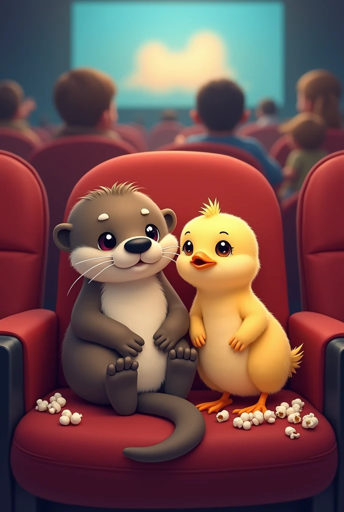 An otter and a chick in the cinema and drawn as simple emojis