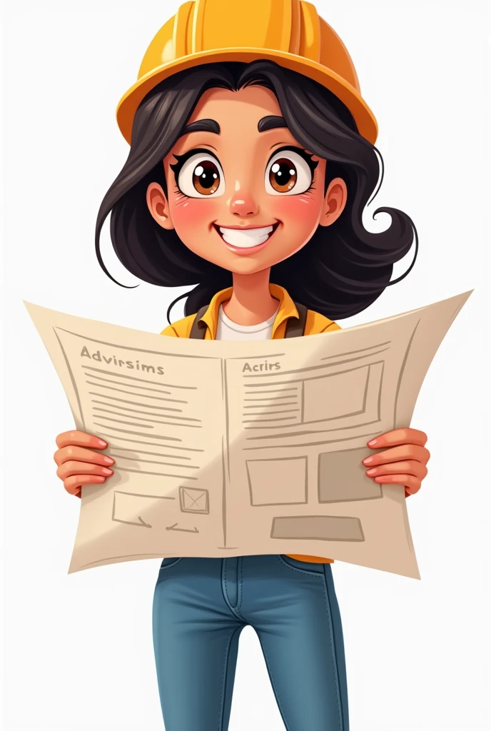 young peruvian woman NORMAL PERSON with construction plans in her hand as PNG FORMAT WOMAN CARTOON STYLE/ cheered up