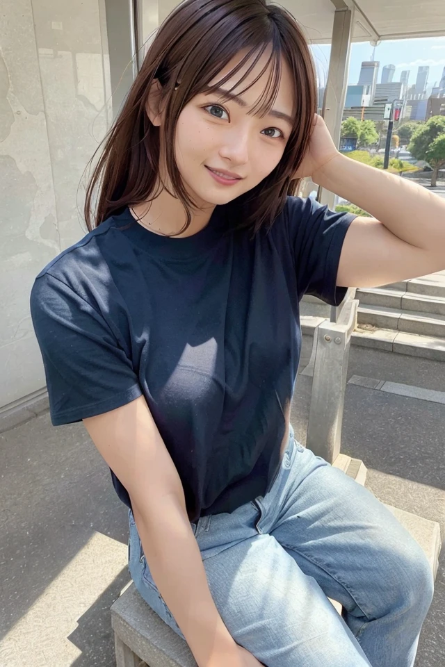 (skin blemish:0.8), (skindentation), black eye, 1woman, 25yo, (((woman))), solo, realistic, best quality, photorealistic, masterpiece, 8k, high res, solo, extremely detailed face, (professional lighting, bokeh), (light particles, lens flare, glowing particles:0.6), (dynamic pose:0.8), soft lighting, top angle view, fashionable and trendy atmosphere, Japan, tokyo, playground, street, city, shop, river, ((daytime)), sky, ((looking at the viewer:1)), (looking at the camera),(portrait:0.6), cowboy shot, gorgeous, sitting, hands down, keep original facial proportion, wide shoulder, full body, (medium breast), (long hair), brown hair, floating hair, lips, lipstick, seductive smile, floating hair, smile, open_mouth, teeth, T-shirt, round neck T shirt, shorts, jeans, eyelashes, mole, (mole under eye:1),