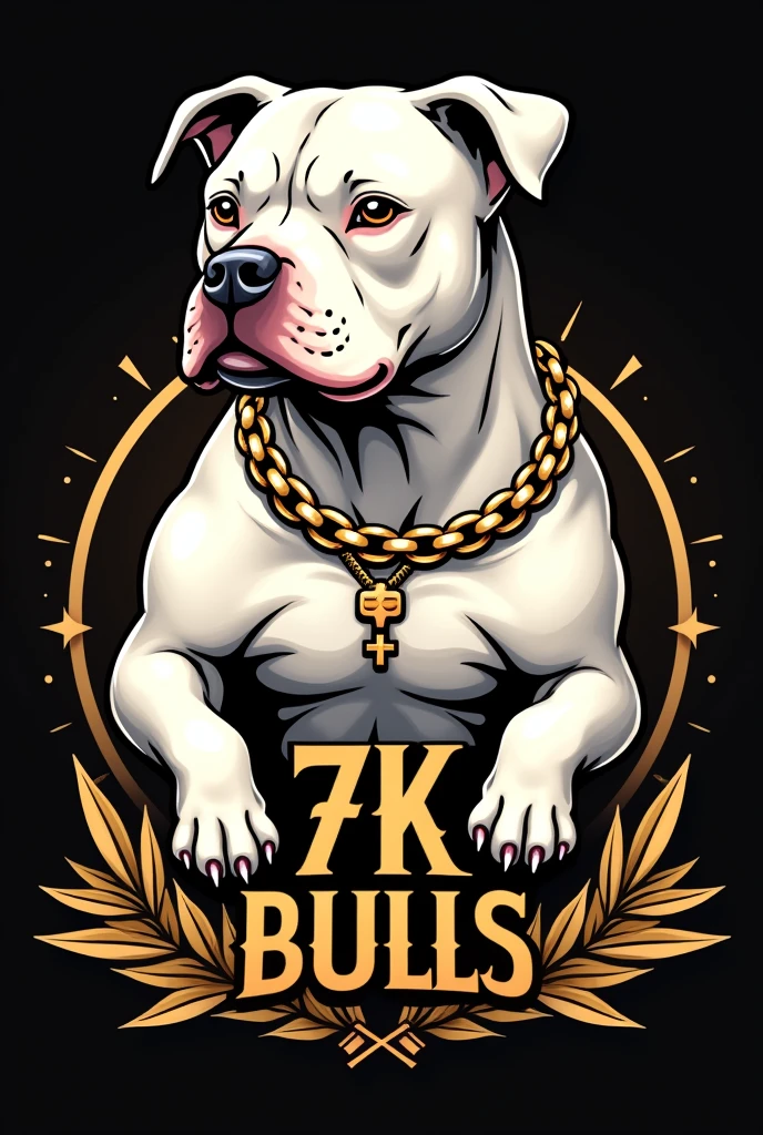 
"Generate an eye-catching logo for an exotic American Bully breeder, micro size. The dog must be muscular, exotic white color , with short snout, well-marked forehead and cropped ears like a pitbull. The body should resemble that of an English bulldog., but with extra defined muscles. The logo should include gold chains for a luxurious touch.. The name of the breeder is &#39;7K Bulls&#39; and must be written prominently in a stylish font. The predominant colors should be gold and rich tones that stand out."