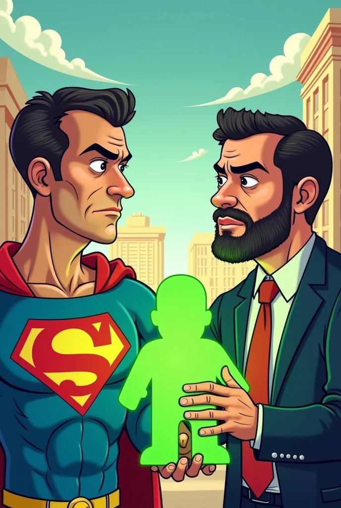 Create a cartoon of Super M with Pablo Marçal's face with M on his chest and Guilherme Boulos showing kryptonite in the shape of Alexandre de Moraes