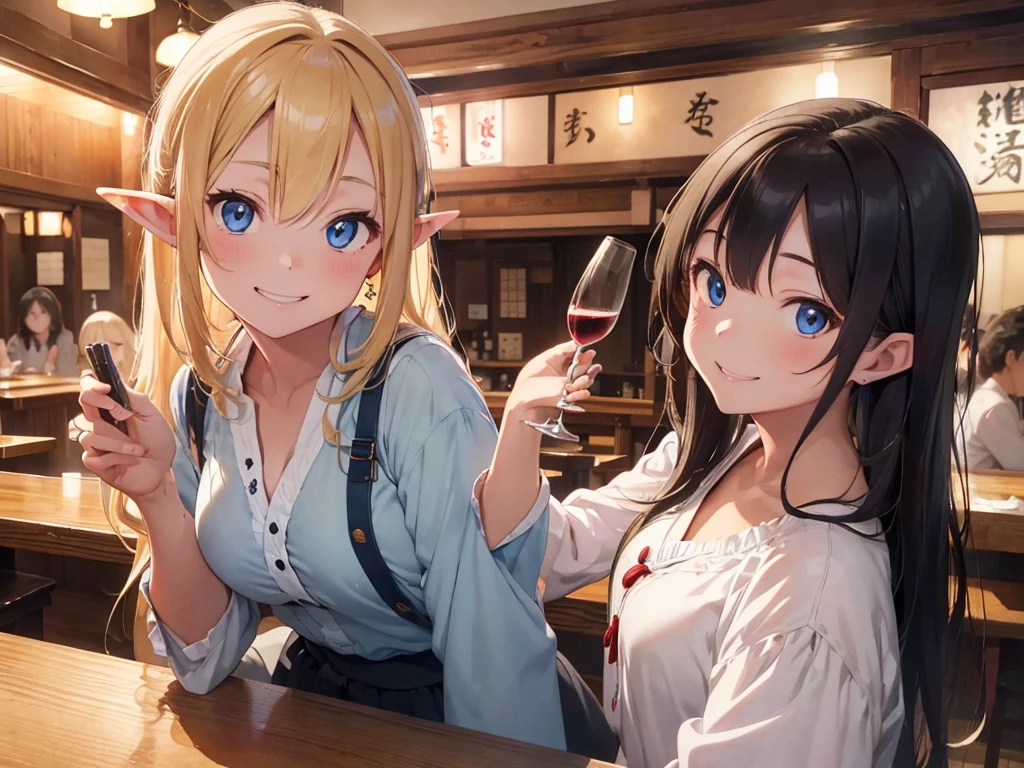High resolution、8k Ultra HD、((water color))、Inside the japanese izakaya restaurant, Yakitori, Edamame, one Blonde long hair elf, She is wearing a white blouse、((Blue eyes)), ((smile)), (Glass of red wine), ((The men around me are drunk)),