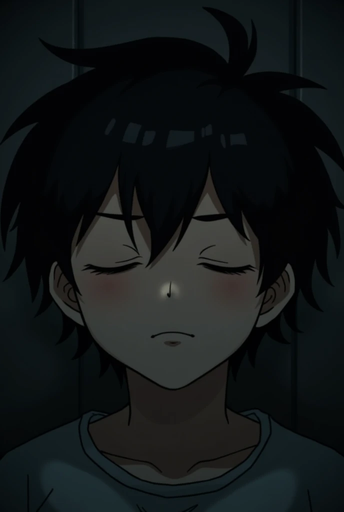 Black haired boy closes his eyes very tightly in the dark room