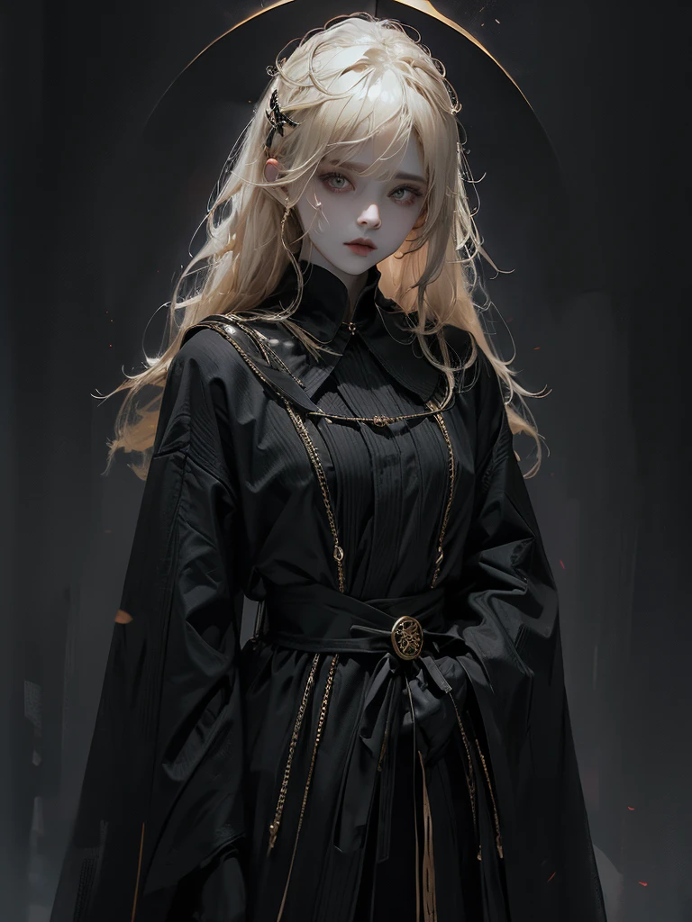 Runic Background、Wearing a black robe、Mage's Clothing、golden hair color、look at the viewer、masterpiece、cute woman、Wearing elegant school clothes