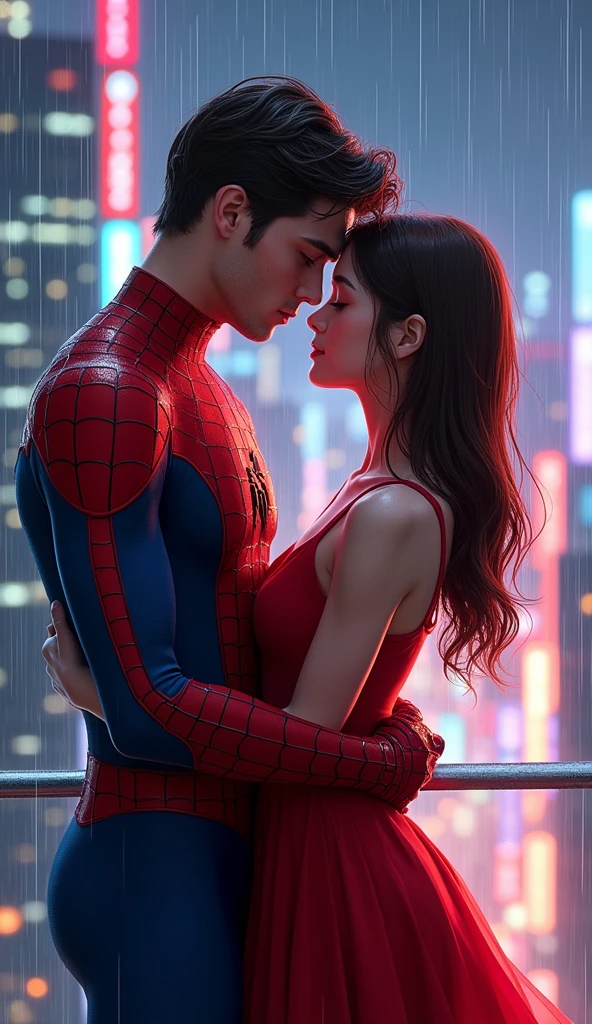 Create a Spider-Man scene with your loved one, he is without a mask and has brown hair and she is a young woman with straight brown hair, wearing an ordinary red dress, they are together on top of a building, hugging each other and looking at each other, make Spider-Man costume in cartoon form, must be the 1994 classic, high quality, (RAW photo, best quality), (realistic, photorealistic: 1.4), (extremely delicate and beautiful: 1.4), amazing, fine details, masterpiece, ultra detailed, high resolution, best illustration, best shadow, intricate, ( extremely intricate: 1.2), (exquisitely detailed skin), cinematic light, perfect anatomy, (cool color: 1.4), sharp focus, 8k UHD, DSLR, (Fujifilm XT3),(85mm F/1.4),( fondo ciudad Tokio noche cyberpunk rascacielos :1.4), (tela araña color white de fondo grande transparente :1.4), (pose americano :1.4), (bajo la lluvia cayendo gotas de agua :1.4), (wet clothes:1.4), bare shoulders, real rain, wet hair,
