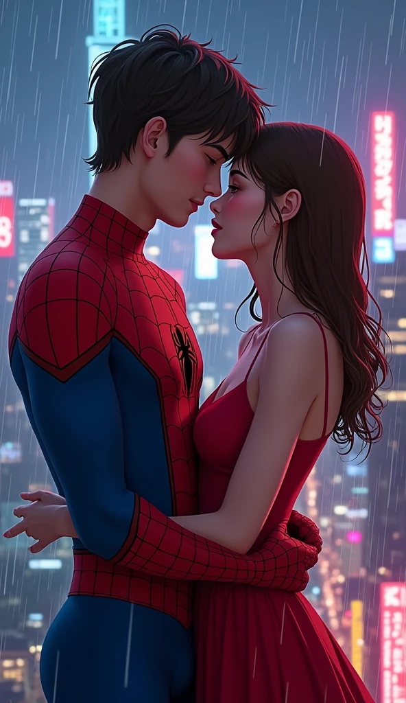 Create a Spider-Man scene with your loved one, he is without a mask and has brown hair and she is a young woman with straight brown hair, wearing an ordinary red dress, they are together on top of a building, hugging each other and looking at each other, make Spider-Man costume in cartoon form, must be the 1994 classic, high quality, (RAW photo, best quality), (realistic, photorealistic: 1.4), (extremely delicate and beautiful: 1.4), amazing, fine details, masterpiece, ultra detailed, high resolution, best illustration, best shadow, intricate, ( extremely intricate: 1.2), (exquisitely detailed skin), cinematic light, perfect anatomy, (cool color: 1.4), sharp focus, 8k UHD, DSLR, (Fujifilm XT3),(85mm F/1.4),( fondo ciudad Tokio noche cyberpunk rascacielos :1.4), (tela araña color white de fondo grande transparente :1.4), (pose americano :1.4), (bajo la lluvia cayendo gotas de agua :1.4), (wet clothes:1.4), bare shoulders, real rain, wet hair, 