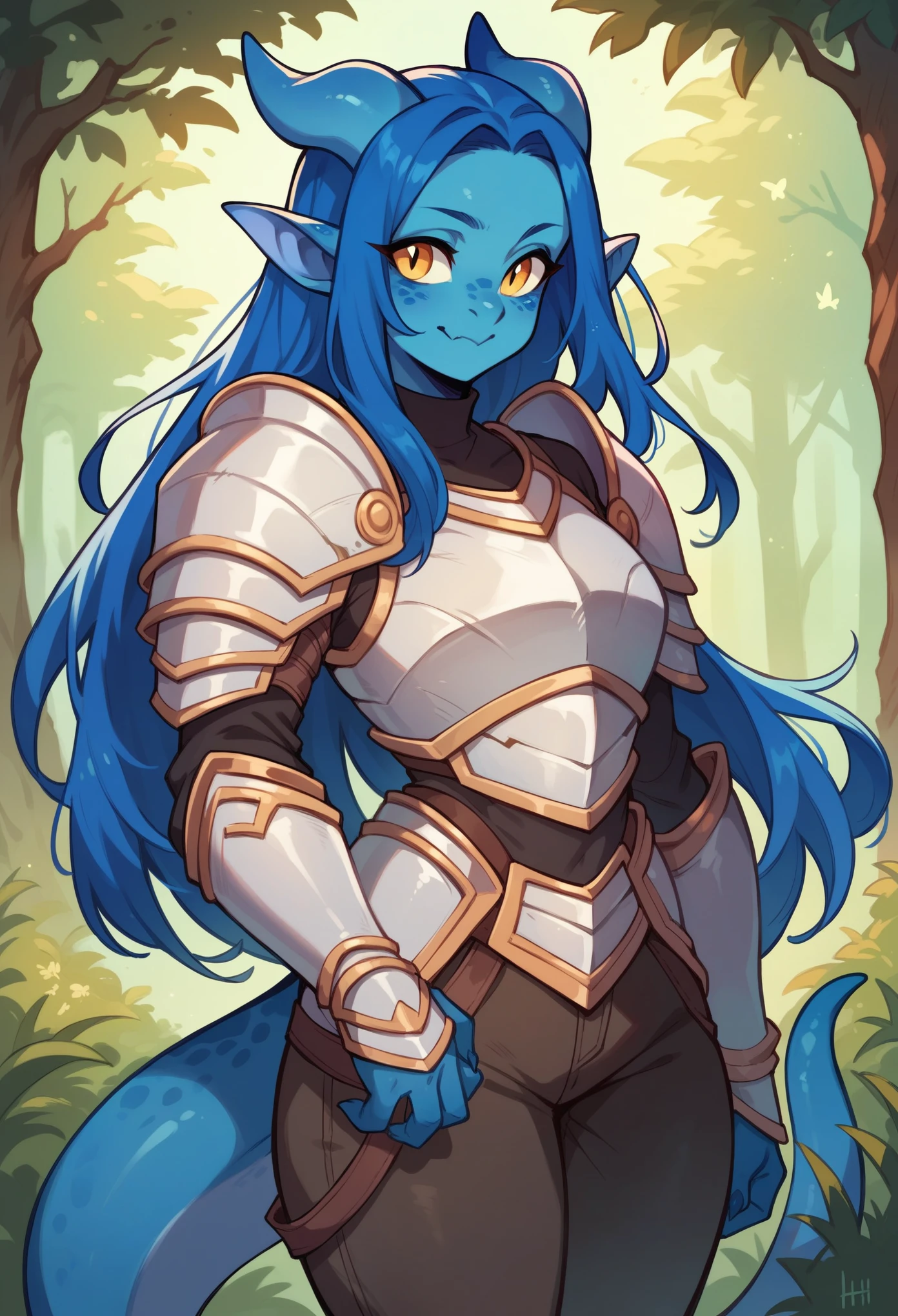 (Cowboy Shot) (Close up) Adult kobold girl, with long blue hair, long hair, yellow eyes, and blue skin, small blue horns, in a full dark shirt, dark pants, in white armour, a forest, a small smile, and a tail.