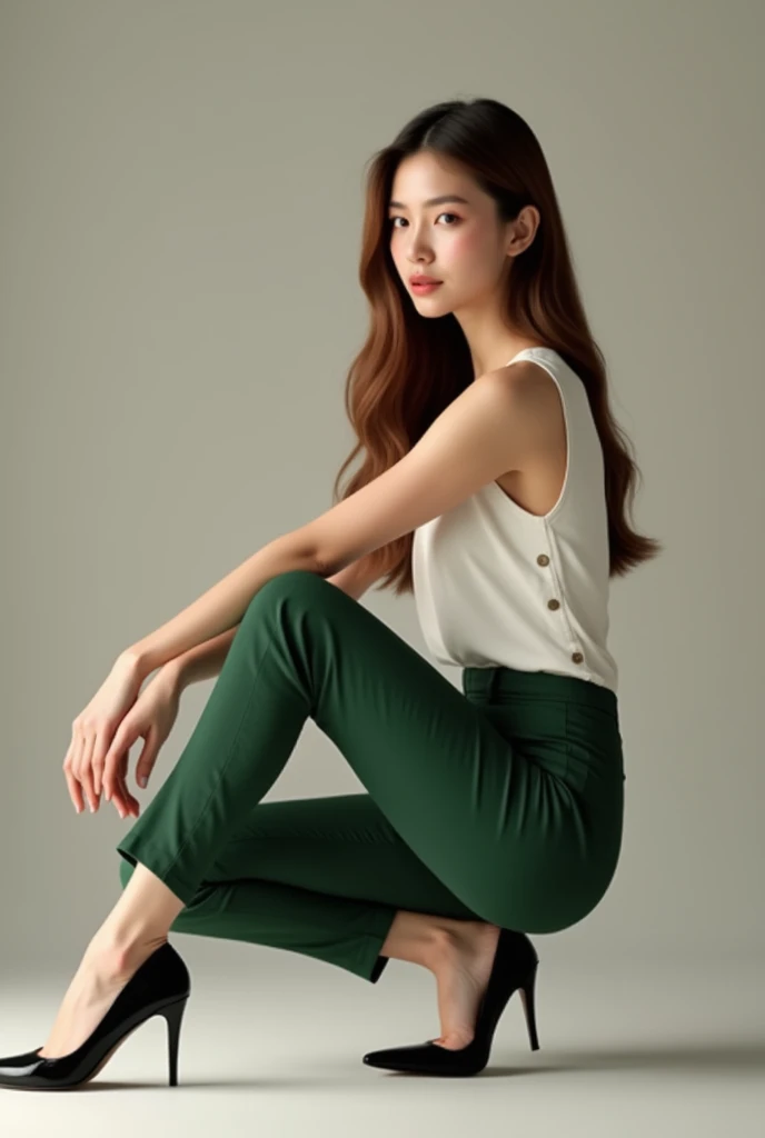 Realistic woman with long, not-very-blond brown hair wearing a white sleeveless blouse, green dress pants and highlighting her feet with black heels 