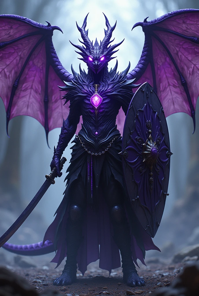 A human fused with a violet dragon with an amethyst necklace and a katana with a shield in the other hand, she will have a full mesh armor which covers her entire body.
