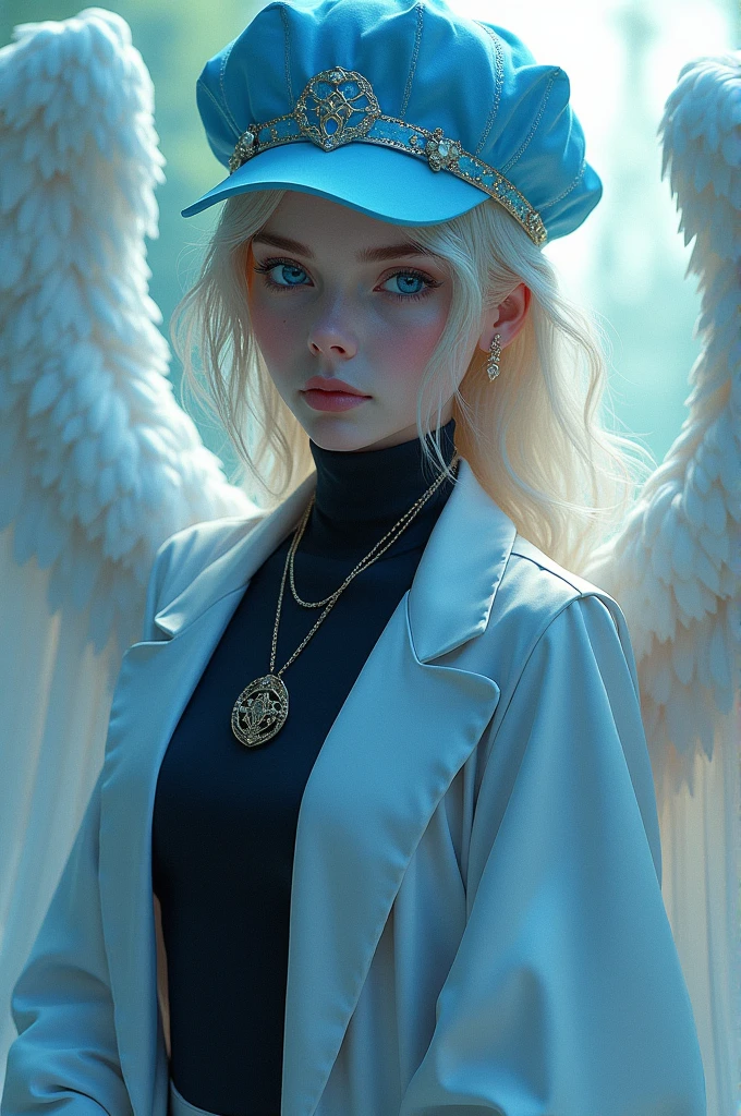 Blue cap with brown eyes and black turtleneck blouse Angelic pants and black and blue sneakers