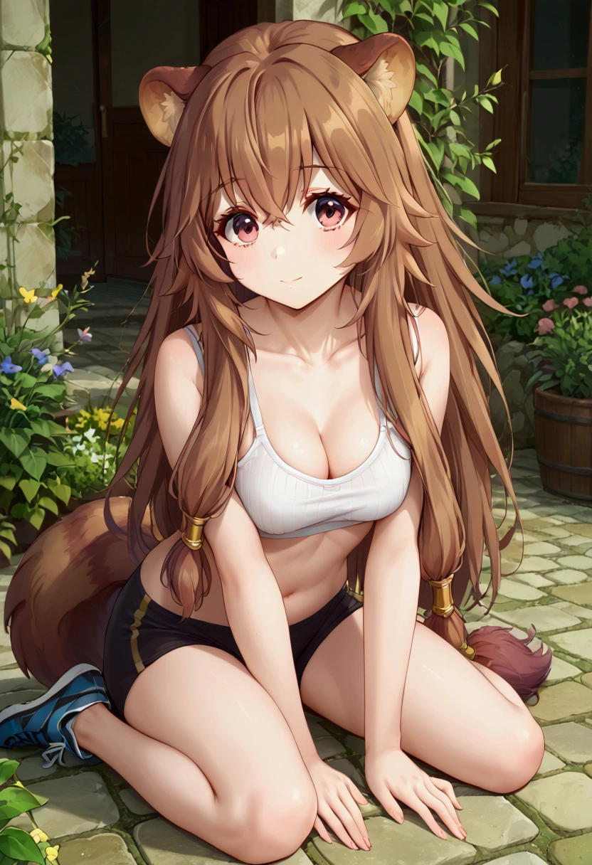  score_9,score_8,  (((perfect face))), (medium breasts), focus breasts, full body view, {looking at viewer},(brown hair), (bangs), (long hair), (animal ears), (raccoon ears), (raccoon girl), (raccoon tail), 1girl, raphtalia, (pink eyes), (detailed eyes), (perfect Eyes), garden, cleavage, outdoors, Yogapants:1.5, sport bra, white top, 