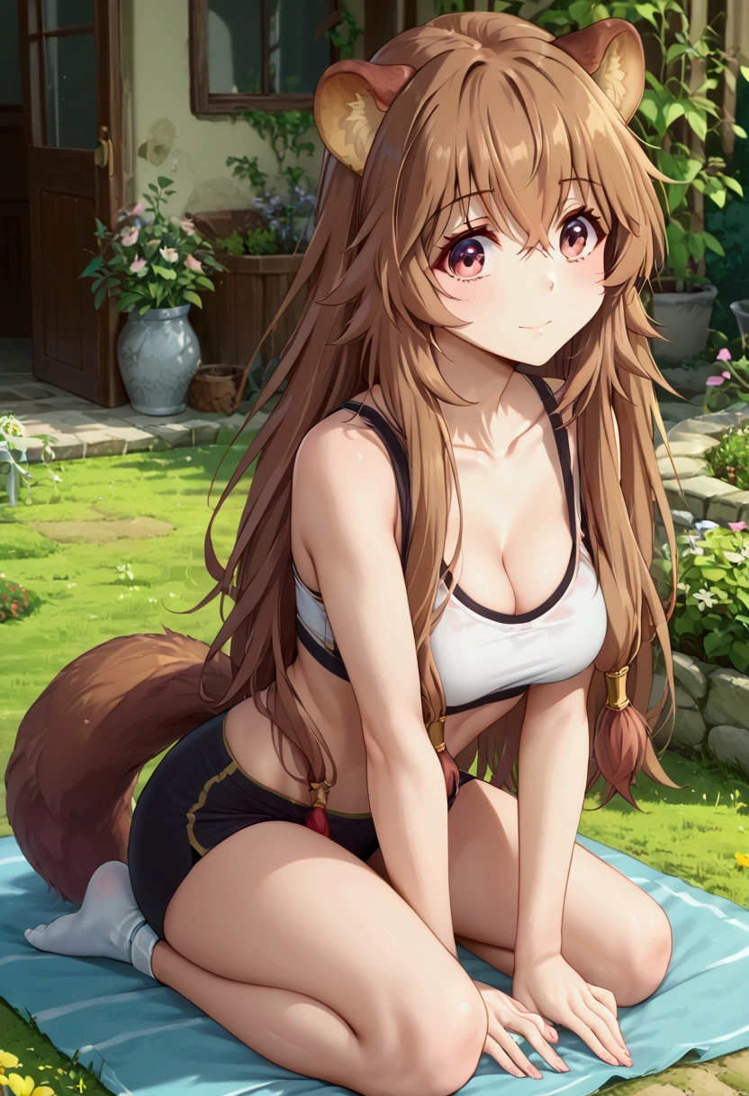  score_9,score_8,  (((perfect face))), (medium breasts), focus breasts, full body view, {looking at viewer},(brown hair), (bangs), (long hair), (animal ears), (raccoon ears), (raccoon girl), (raccoon tail), 1girl, raphtalia, (pink eyes), (detailed eyes), (perfect Eyes), garden, cleavage, outdoors, Yogapants:1.5, sport bra, white top, 