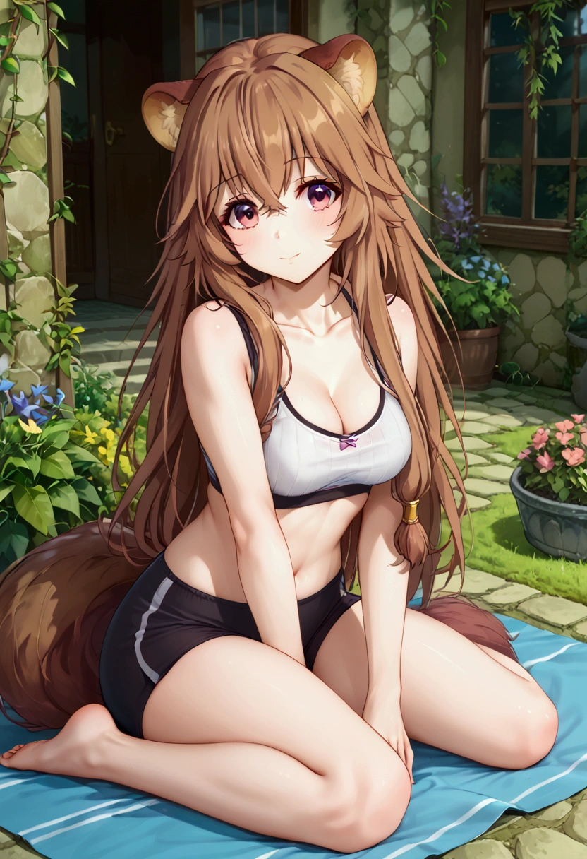  score_9,score_8,  (((perfect face))), (medium breasts), focus breasts, full body view, {looking at viewer},(brown hair), (bangs), (long hair), (animal ears), (raccoon ears), (raccoon girl), (raccoon tail), 1girl, raphtalia, (pink eyes), (detailed eyes), (perfect Eyes), garden, cleavage, outdoors, Yogapants:1.5, sport bra, white top, 