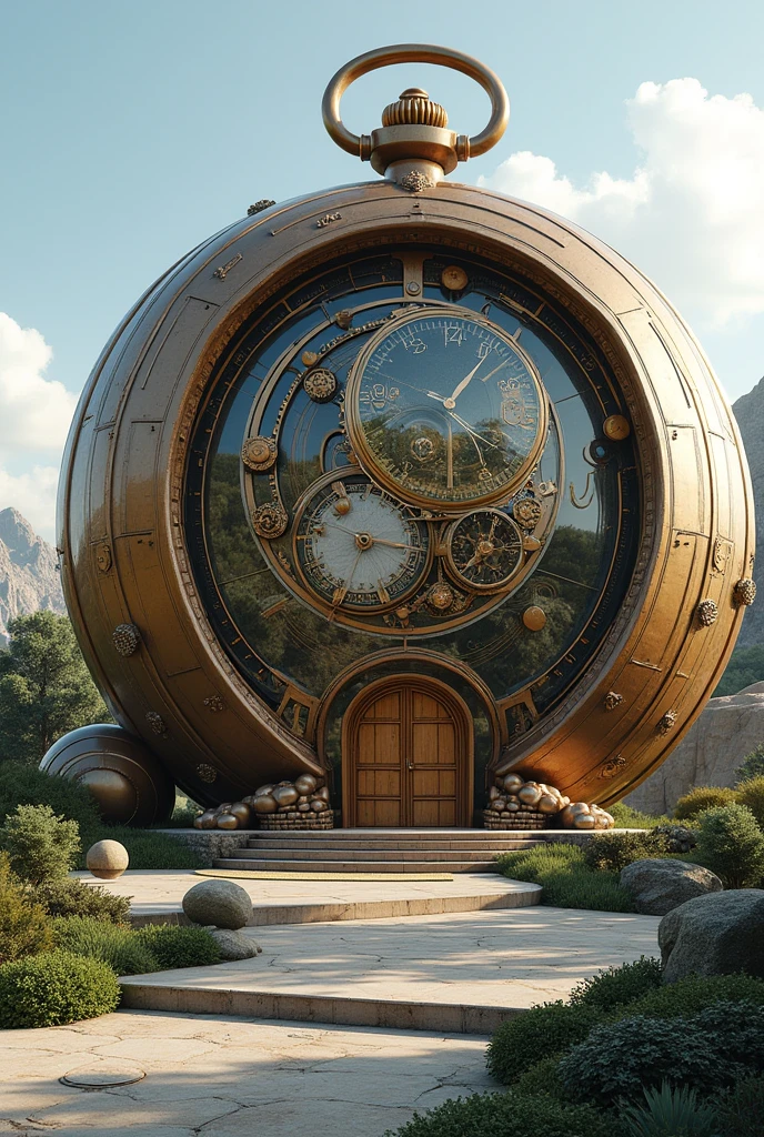 A two-story house but shaped like a clock, long and wide and large, so that the house's structure is circular like a pocket watch., super advanced