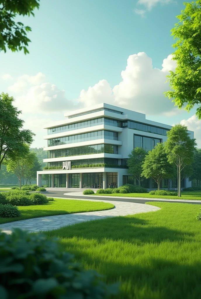 animated photo, of a company buildings, in a green area and that has the letter R and the letter W as its name,