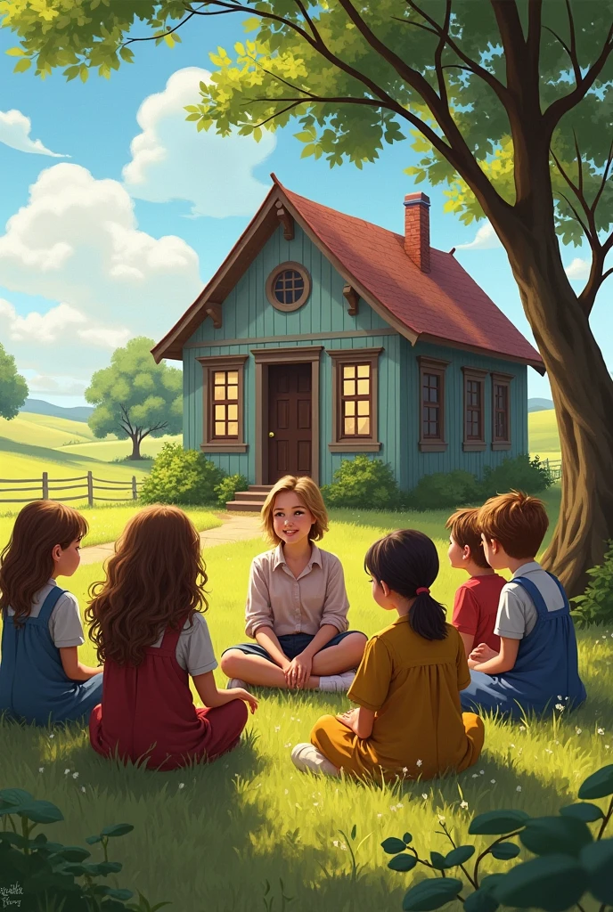 generates an image of a school in a rural or country area where all the children attend and a teacher sitting in a circle sharing with the colorful children where