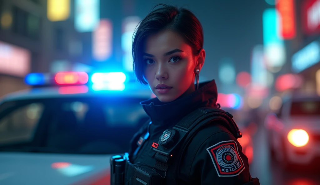 arafed woman in a police uniform posing for a picture, officer, wojtek fus, police officer, police lights shine on her face, photorrealistic concept art, ultra realistic concept art, cyberpunk 2 0 y. o model girl, police, cyberpunk art ultrarealistic 8k, wearing a police uniform, cyberpunk photo, beautiful digital artwork